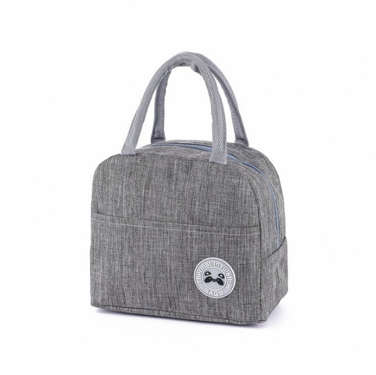 Gray cationic fabric lunch bag with sturdy handles, zippered closure, front pocket, and panda-themed insulation logo.