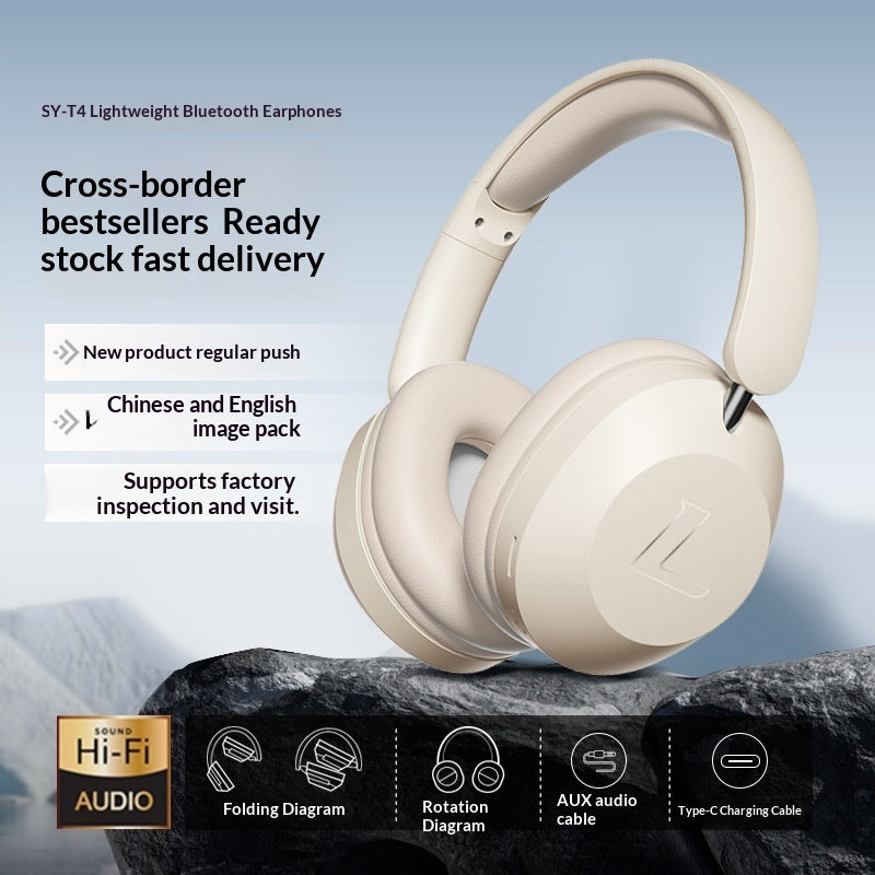 Beige wireless SY-T4 Bluetooth headphones with padded ear cups, foldable design, Hi-Fi audio, and USB-C/AUX support.