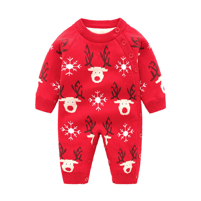 Red knitted newborn romper featuring reindeer and snowflake patterns with side-button closure for easy dressing.