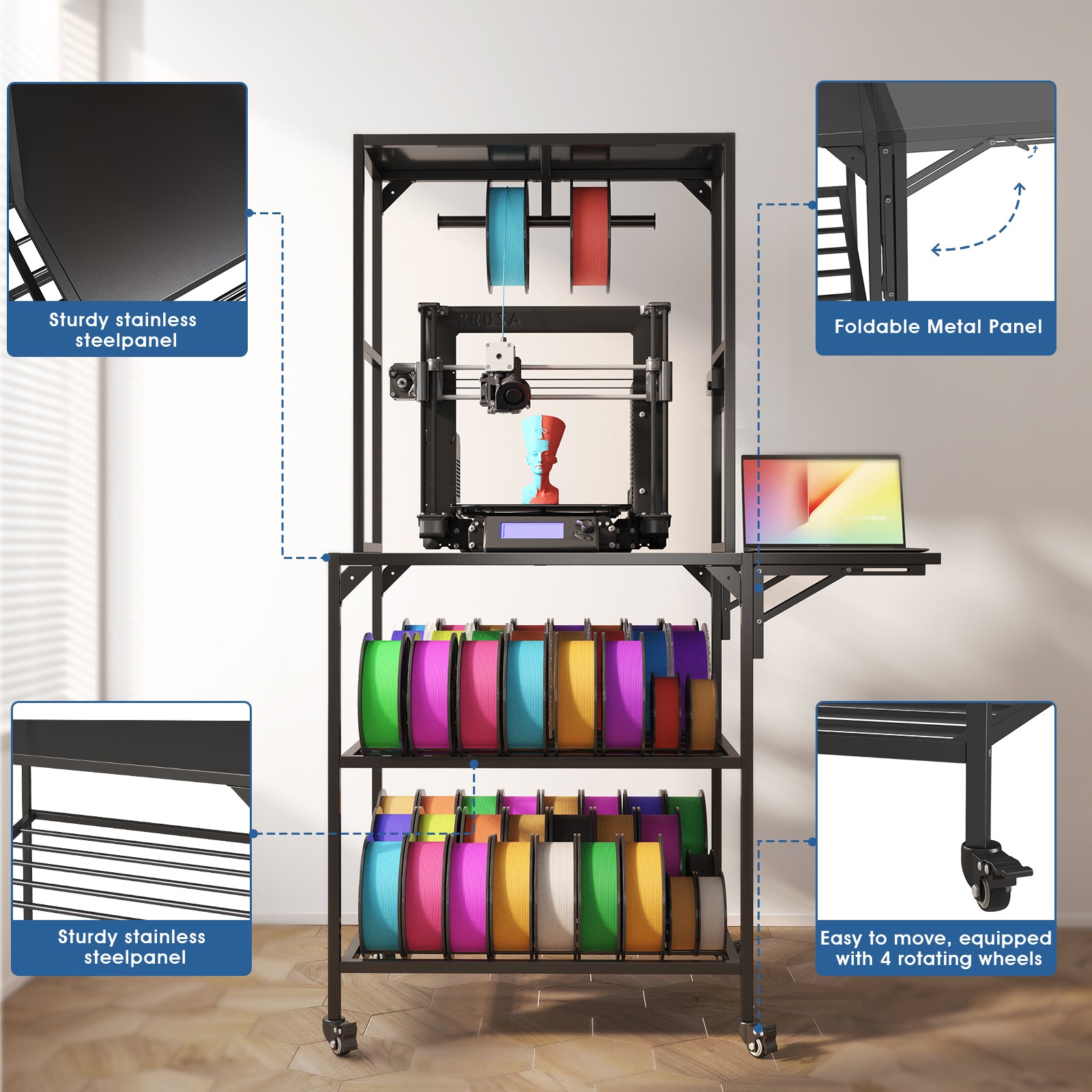 Black metal 3D printer stand featuring two filament storage shelves, a top spool rack, wheels, and a foldable side desk.