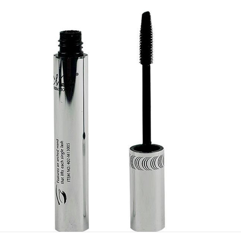M.N Miele black mascara with a silver metallic tube and an arched wand applicator for lengthening lashes.