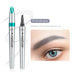 Silver QIC four-prong liquid eyebrow pencil in smoky gray, showing the applicator tip and a model's styled eyebrow.