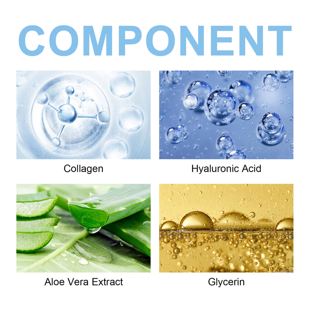 Four-panel infographic showing collagen, hyaluronic acid, aloe vera, and glycerin for V-face lifting mask ingredients.