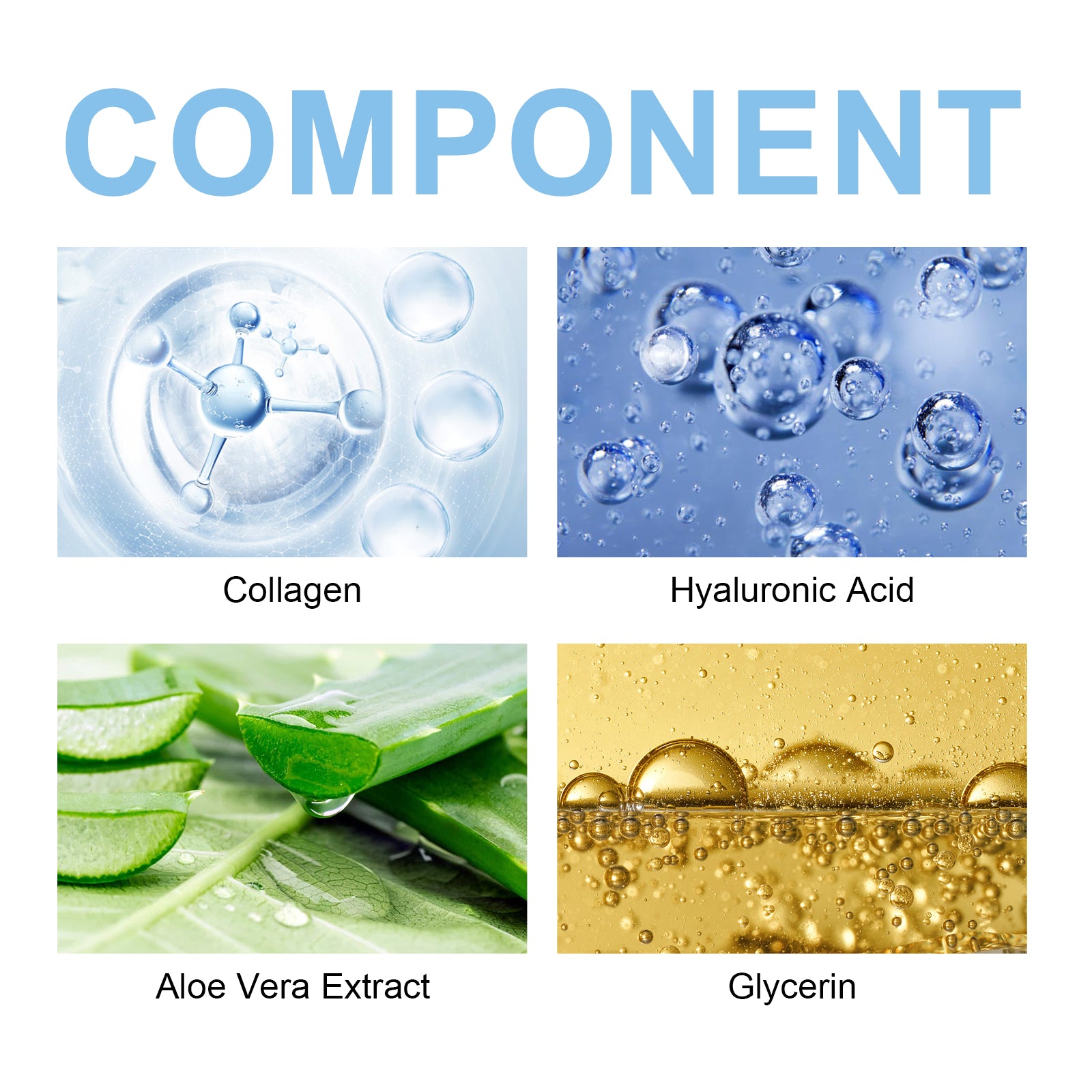 Four-panel infographic showing collagen, hyaluronic acid, aloe vera, and glycerin for V-face lifting mask ingredients.