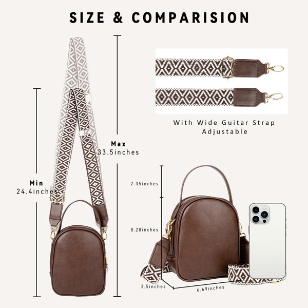 Coffee-colored crossbody bag with top handle and patterned, adjustable guitar-style strap showing dimensions.
