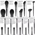 BEILI 10-piece makeup brush set with black wooden handles, dark synthetic bristles, and descriptive text for each tool.