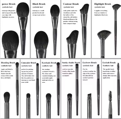 BEILI 10-piece makeup brush set with black wooden handles, dark synthetic bristles, and descriptive text for each tool.