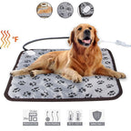 Grey waterproof pet heating pad with black paw prints, chew-resistant cord, and adjustable heat settings.