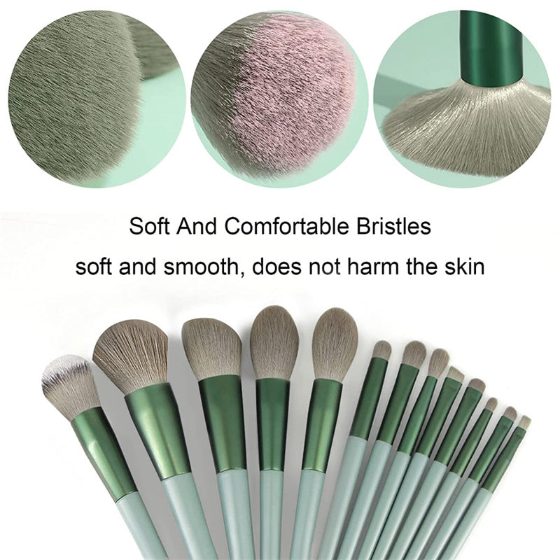 13-piece makeup brush set with green handles, metallic ferrules, and soft, dense synthetic bristles of varying sizes.