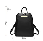 Minimalist black leather women’s backpack with gold metal accent, top handle, and dimensions.