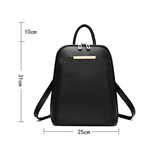 Minimalist black leather women’s backpack with gold metal accent, top handle, and dimensions.