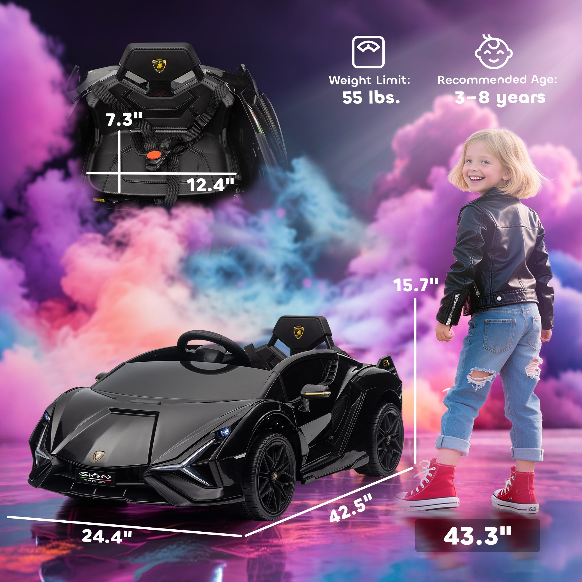 Black Lamborghini Sian electric ride-on car for kids with dimensions, seat detail, and a smiling girl in the background.