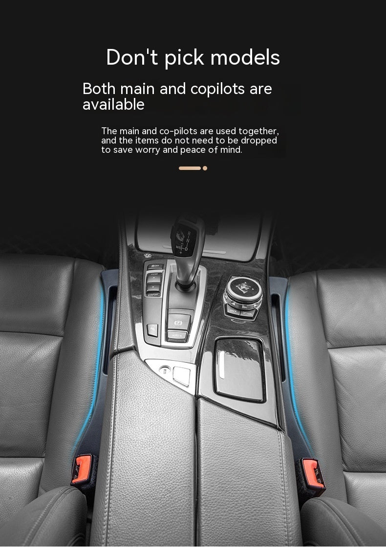Black car seat gap storage organizers installed between front seats, keeping items from falling into console gaps.