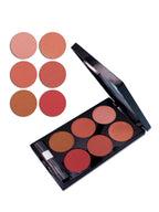 A black palette containing six round blush shades in pink, coral, and earth tones, with an included applicator brush.