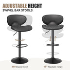 Two black faux leather bar stools with 360-degree swivel, 10-inch height adjustment, and a sturdy metal base.