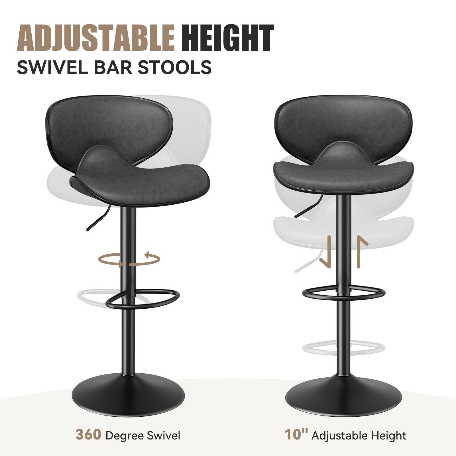 Two black faux leather bar stools with 360-degree swivel, 10-inch height adjustment, and a sturdy metal base.