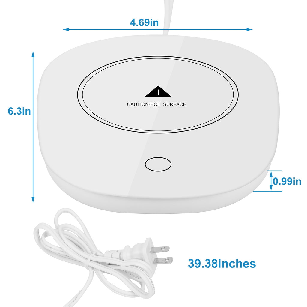 White electric mug warmer with "Caution-Hot Surface" warning, power button, and power cord, including size dimensions.