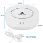 White electric mug warmer with "Caution-Hot Surface" warning, power button, and power cord, including size dimensions.