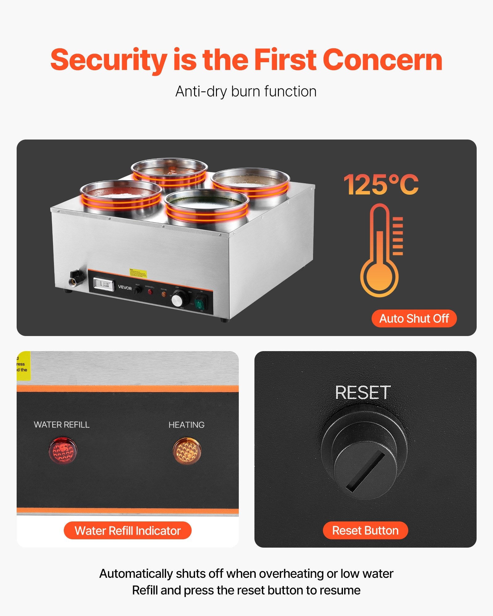 Stainless steel 4-pot commercial soup warmer with indicator lights, heating controls, and anti-dry burn safety features.