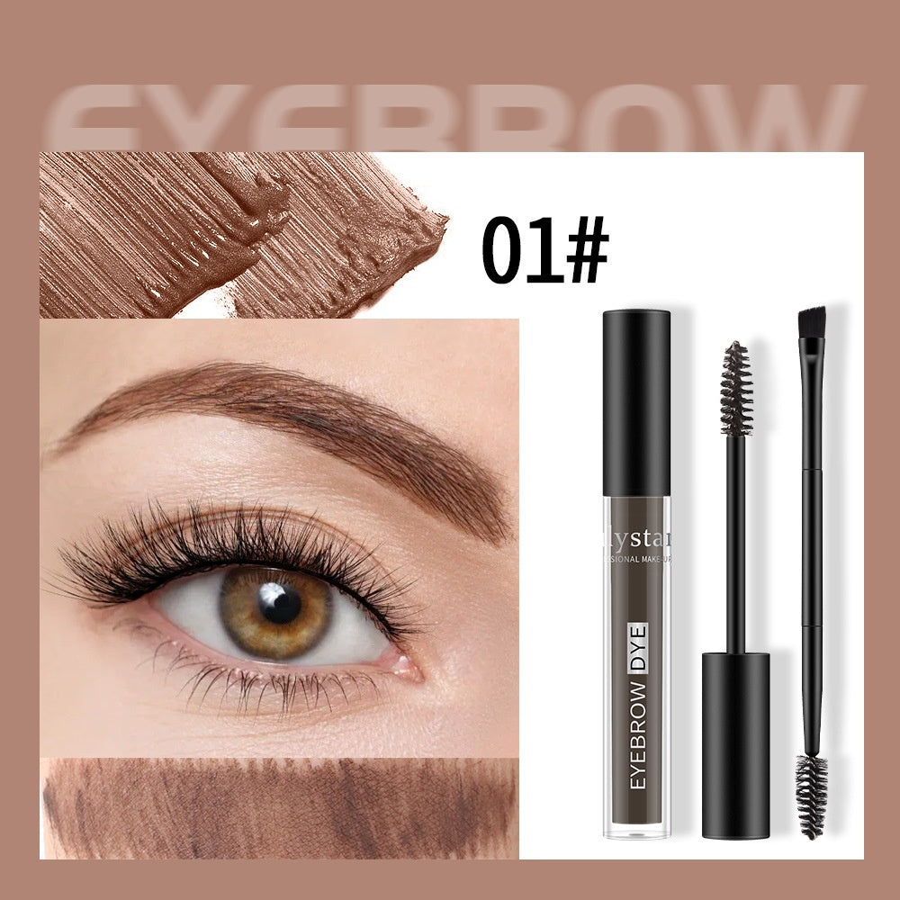 Brown eyebrow dye with dual-ended brush, showing product texture, a swatch, and an eye with defined, natural brows.