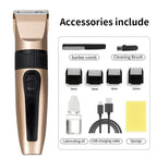 Gold cordless hair clipper with black accents, metal blade, four attachment guards, comb, brush, oil, and USB cable.