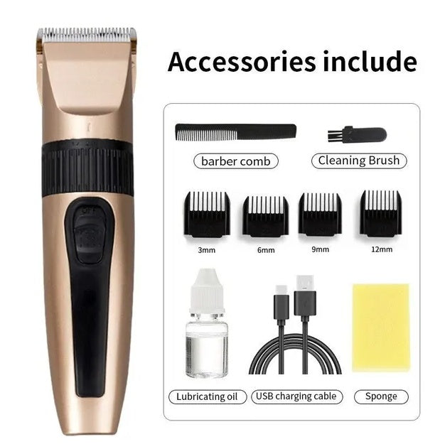 Gold cordless hair clipper with black accents, metal blade, four attachment guards, comb, brush, oil, and USB cable.