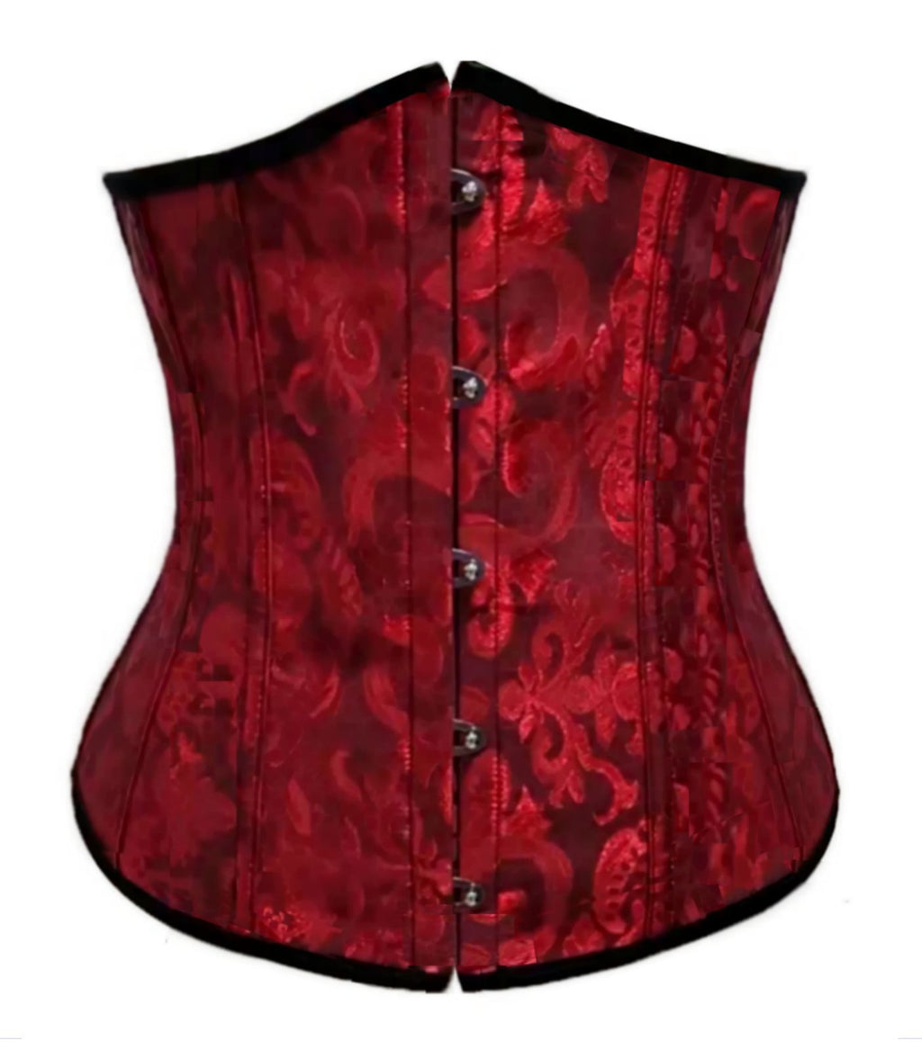 Red jacquard corset with black velvet trim and a front hook-and-eye closure.