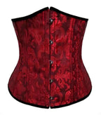 Red jacquard corset with black velvet trim and a front hook-and-eye closure.