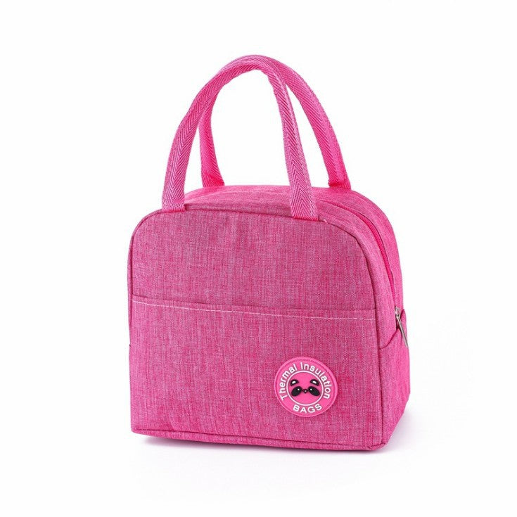 A pink, cationic waterproof lunch bag with thermal insulation, top handles, zipper closure, and a panda logo patch.