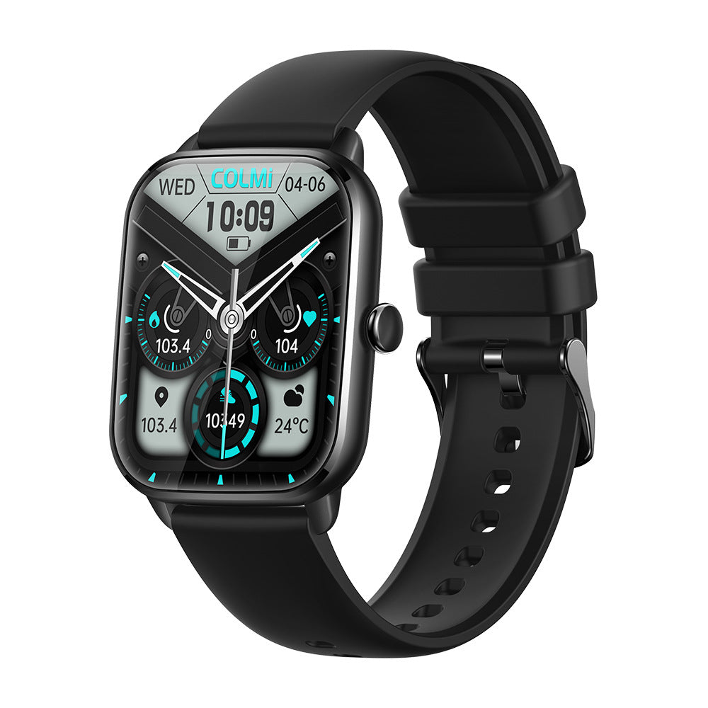 Black smartwatch with a square full-screen display, silicone strap, and UI showing time, steps, and heart rate data.