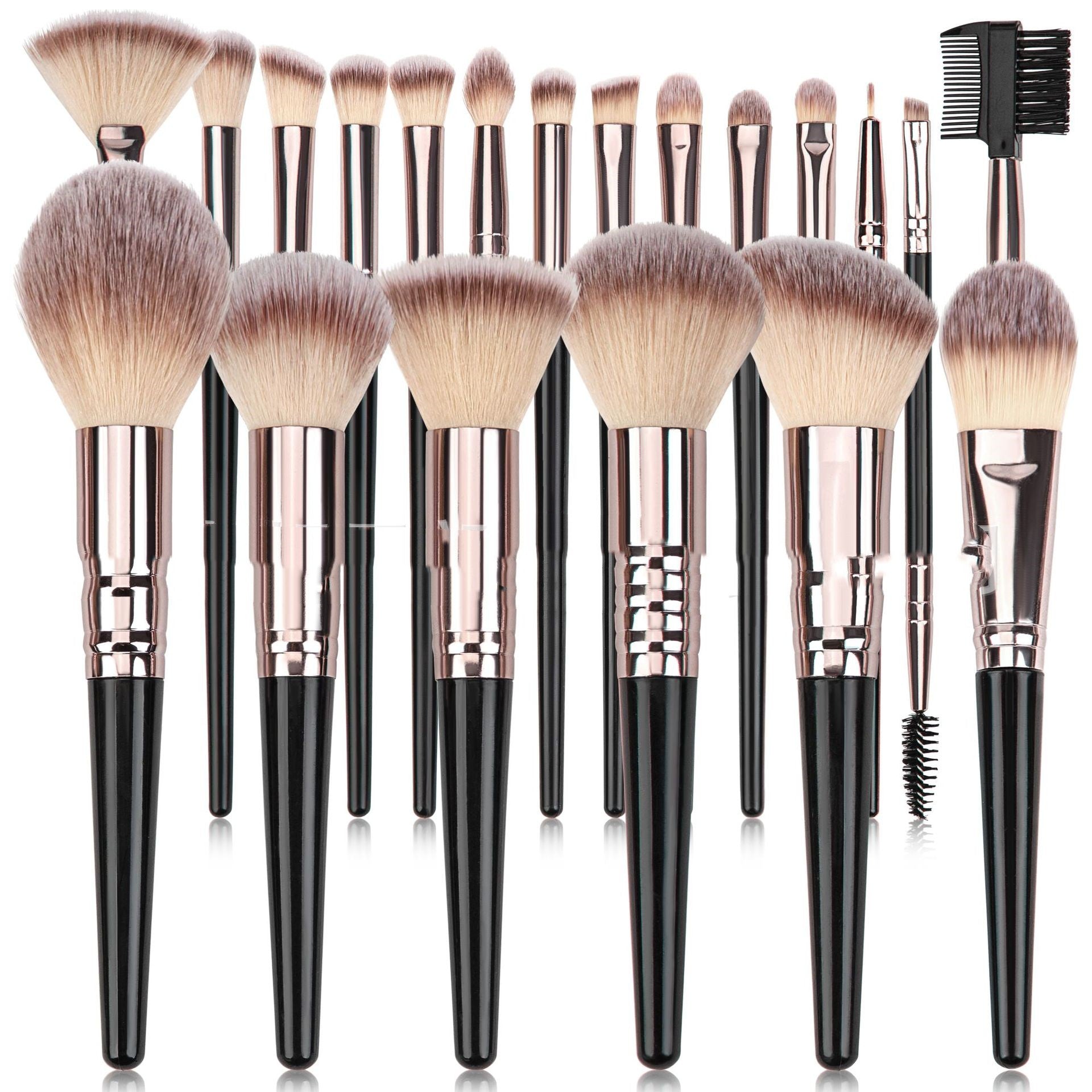 Set of black makeup brushes with rose gold ferrules and soft, two-toned synthetic bristles for face and eyes.