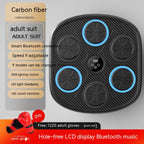 Black carbon-fiber wall boxing target with five circular punch pads, Bluetooth, RGB lighting, and red gift boxing gloves.