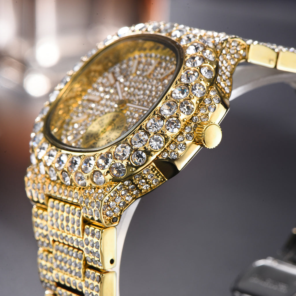 Men's gold-tone hip hop watch, fully encrusted with sparkling clear crystals on the bezel, dial, and link bracelet.