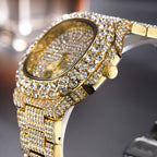 Men's gold-tone hip hop watch, fully encrusted with sparkling clear crystals on the bezel, dial, and link bracelet.