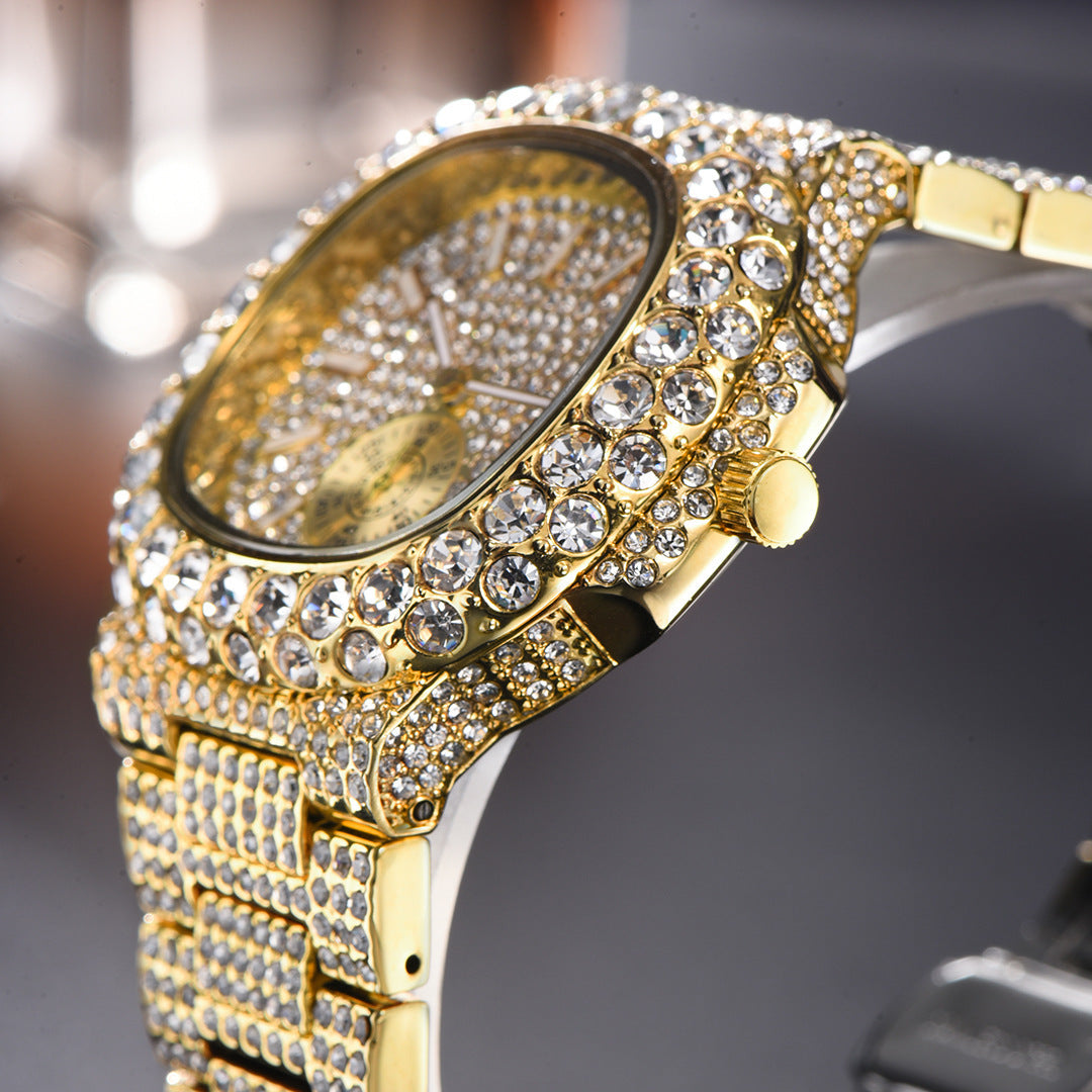 Men's gold-tone hip hop watch, fully encrusted with sparkling clear crystals on the bezel, dial, and link bracelet.