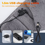 Grey plush heating belt with a USB cable, featuring power options like wall adapters, power banks, and laptops.