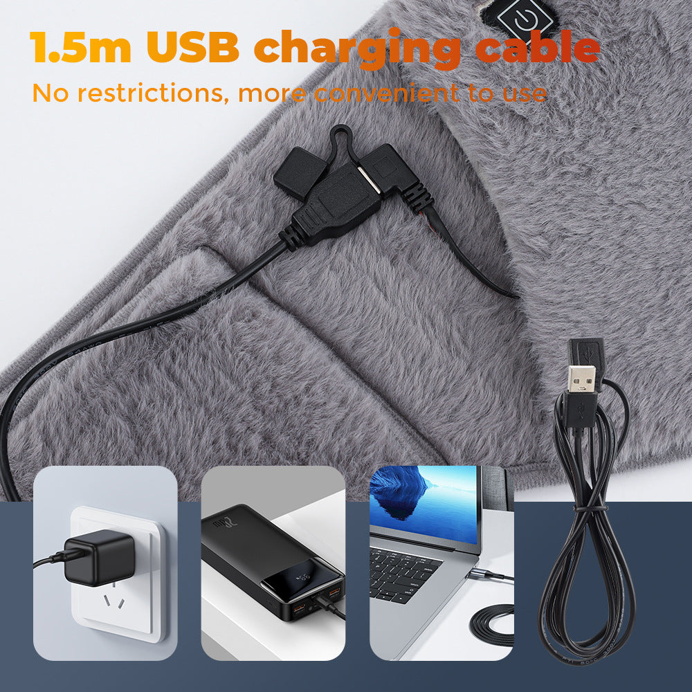 Grey plush heating belt with a USB cable, featuring power options like wall adapters, power banks, and laptops.