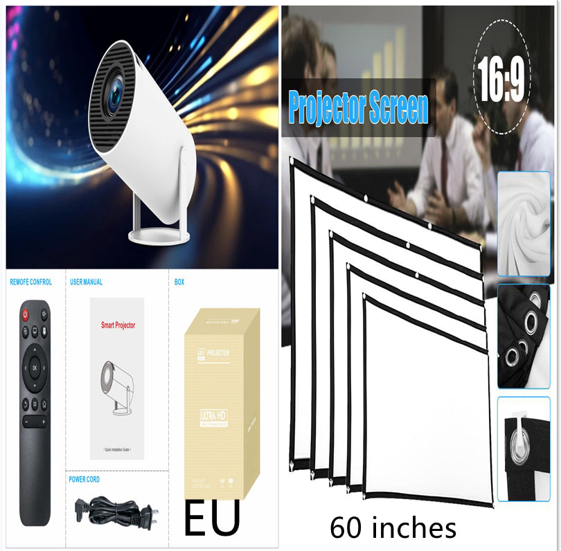 HY300 Pro white portable projector with remote, power cord, manual, box, and a 60-inch 16:9 projector screen.