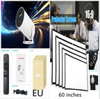 HY300 Pro white portable projector with remote, power cord, manual, box, and a 60-inch 16:9 projector screen.