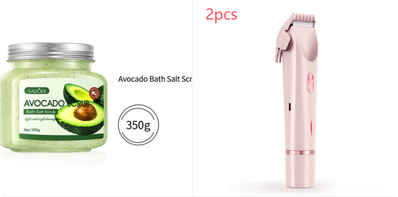 A 350g jar of Sadoer avocado bath salt scrub next to a pink electric 2-in-1 hair removal trimmer.