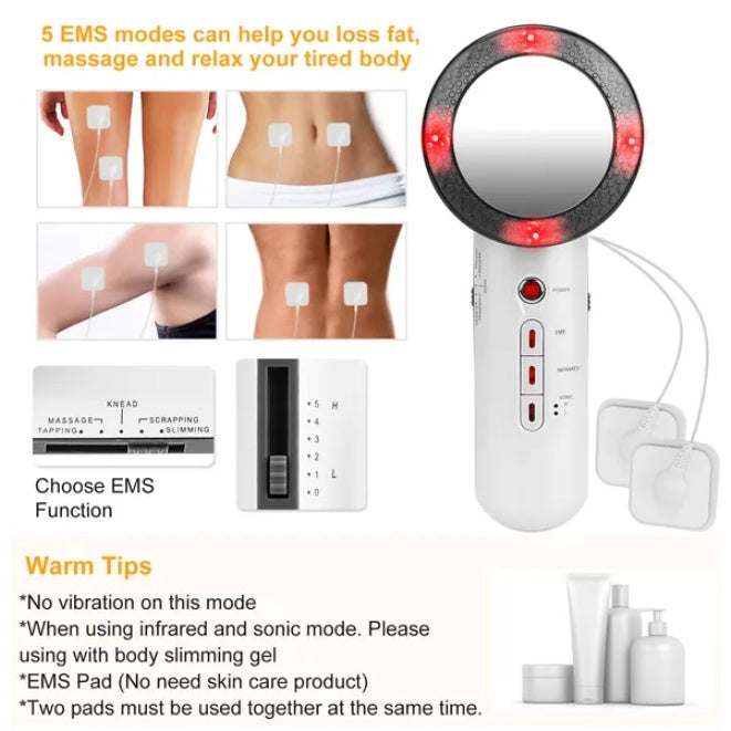 White 3-in-1 ultrasonic EMS infrared massager with silver probe, control buttons, and two electrode pads for body use.