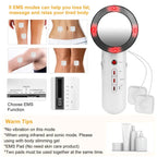 White 3-in-1 ultrasonic EMS infrared massager with silver probe, control buttons, and two electrode pads for body use.