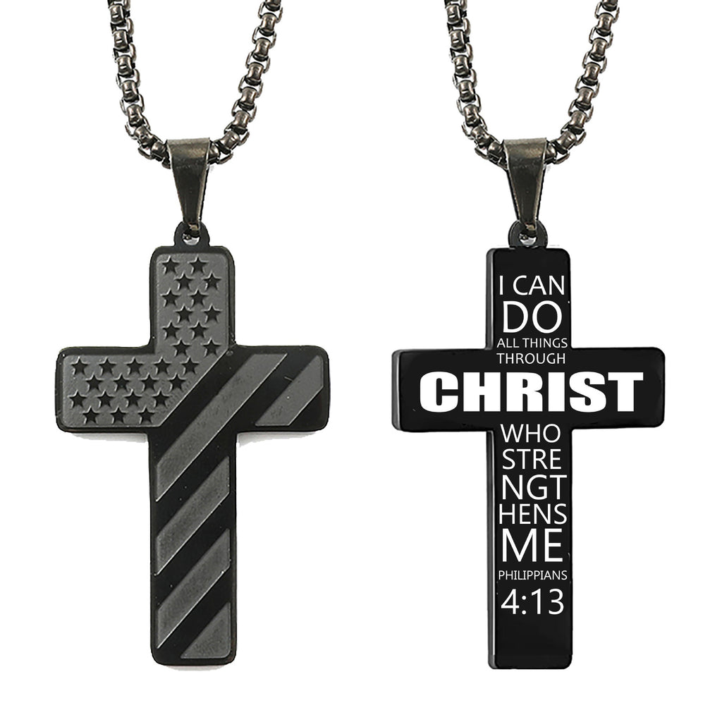 Black titanium steel cross necklace with an American flag pattern on one side and "Philippians 4:13" verse on other.
