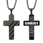 Black titanium steel cross necklace with an American flag pattern on one side and "Philippians 4:13" verse on other.