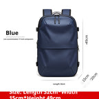 Minimalist blue travel backpack with zipper closure, designed for 17-inch laptops. 49cm x 32cm x 15cm dimensions.