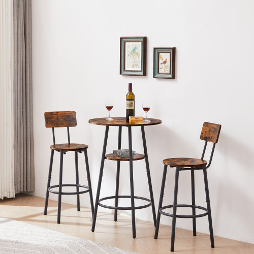 Industrial bar set with two round stools and a table featuring wood-grain seats/tops and black metal frames.