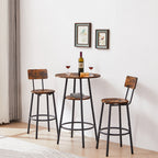 Industrial bar set with two round stools and a table featuring wood-grain seats/tops and black metal frames.