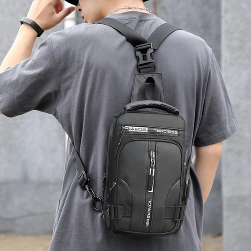 Black multifunctional nylon crossbody chest bag with adjustable strap, top handle, and zippered compartments.