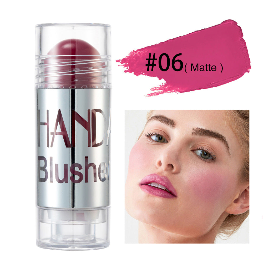 Digitaldistribution375 matte pink blush stick, swatch, and a model with rosy cheeks. Compact twist-up applicator.