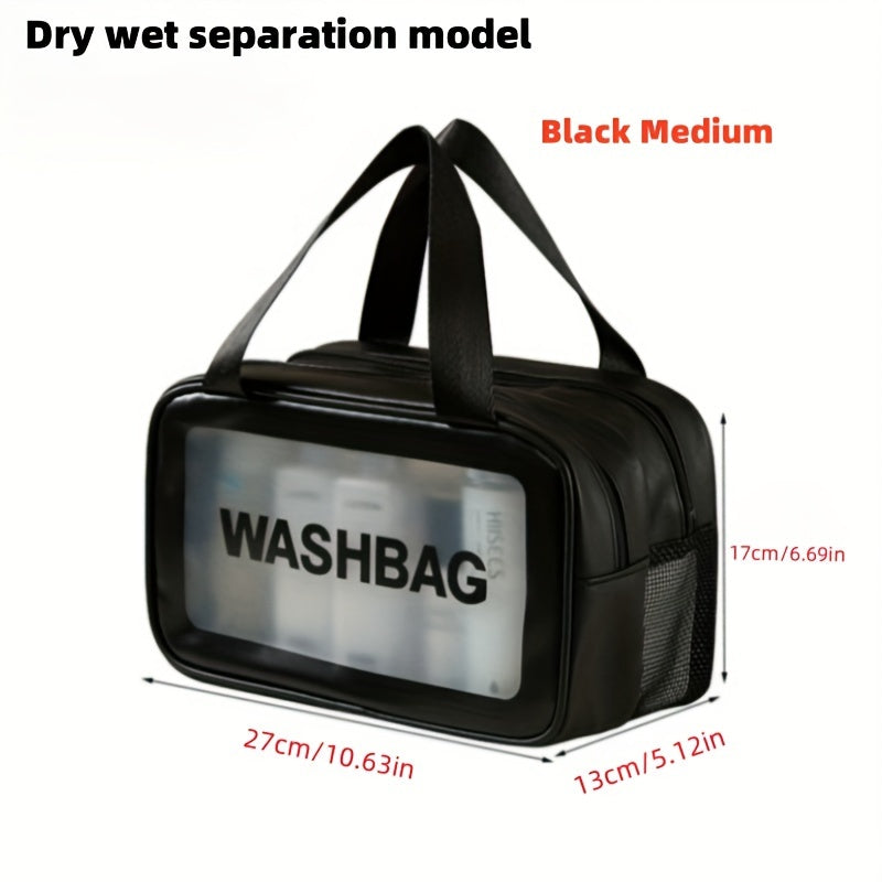 Medium black travel makeup bag with a clear front panel, "WASHBAG" text, carry handles, and side mesh pocket.